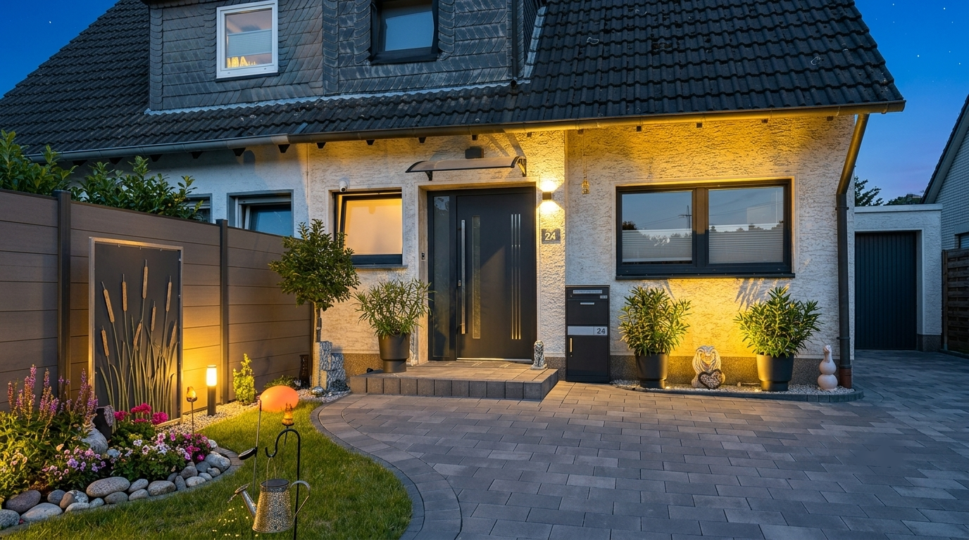 Gepflasterte Gartenanlage mit Bepflanzung und Rasenfläche