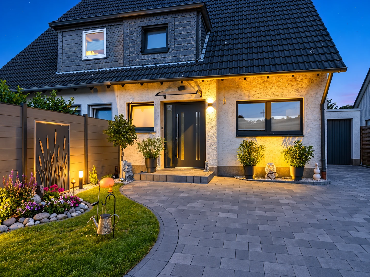 Beleuchteter Hauseingang mit Gartenbeleuchtung und bewässerter Grünfläche in der Dämmerung
