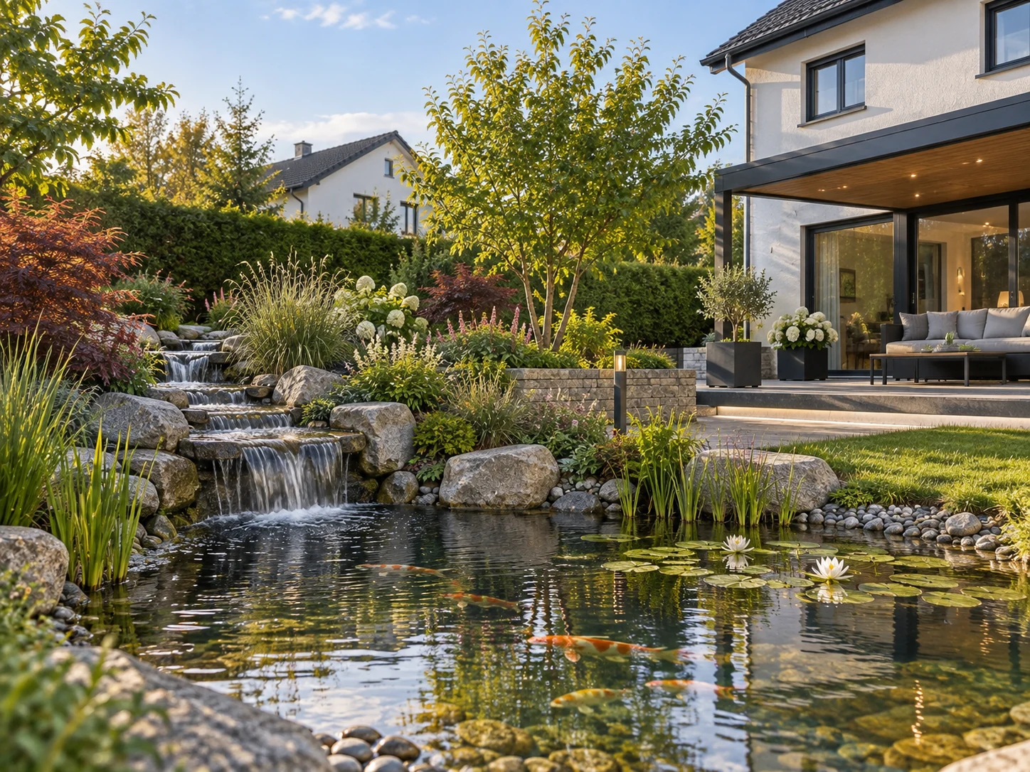 Gartenteich mit Wasserlauf, Natursteinen und Uferbepflanzung