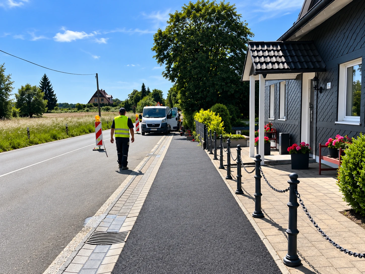 Angelegte Außenanlage mit Wegen, Rasenfläche und neuer Bepflanzung