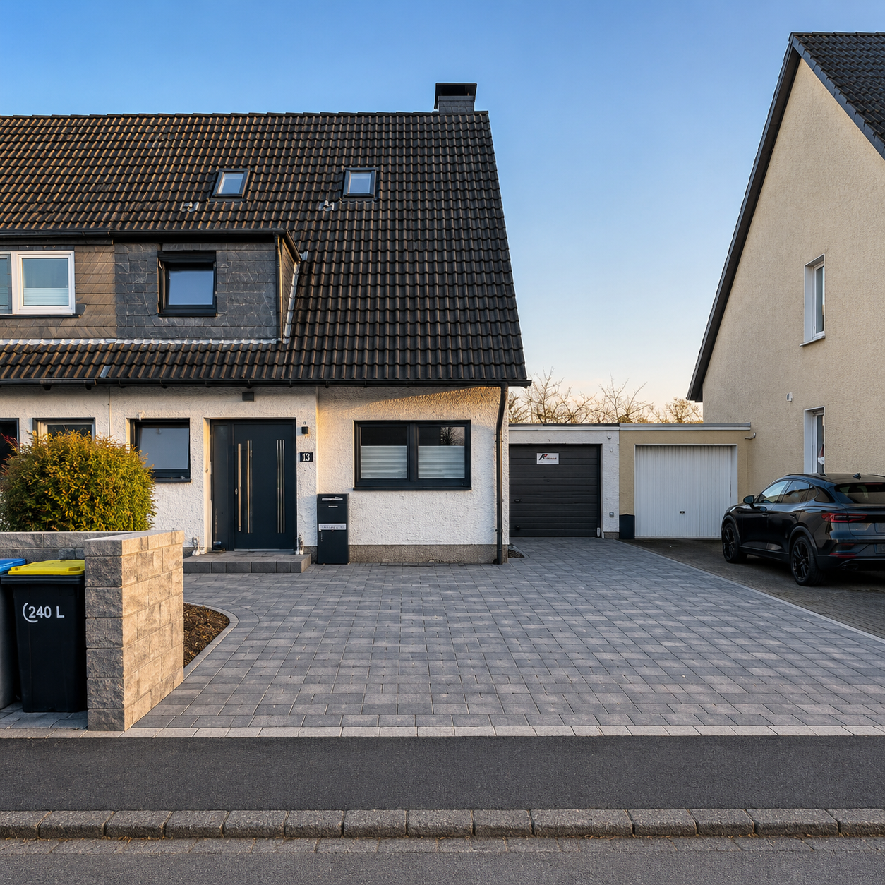Herstellung einer gepflasterten Einfahrt vor einem Wohnhaus
