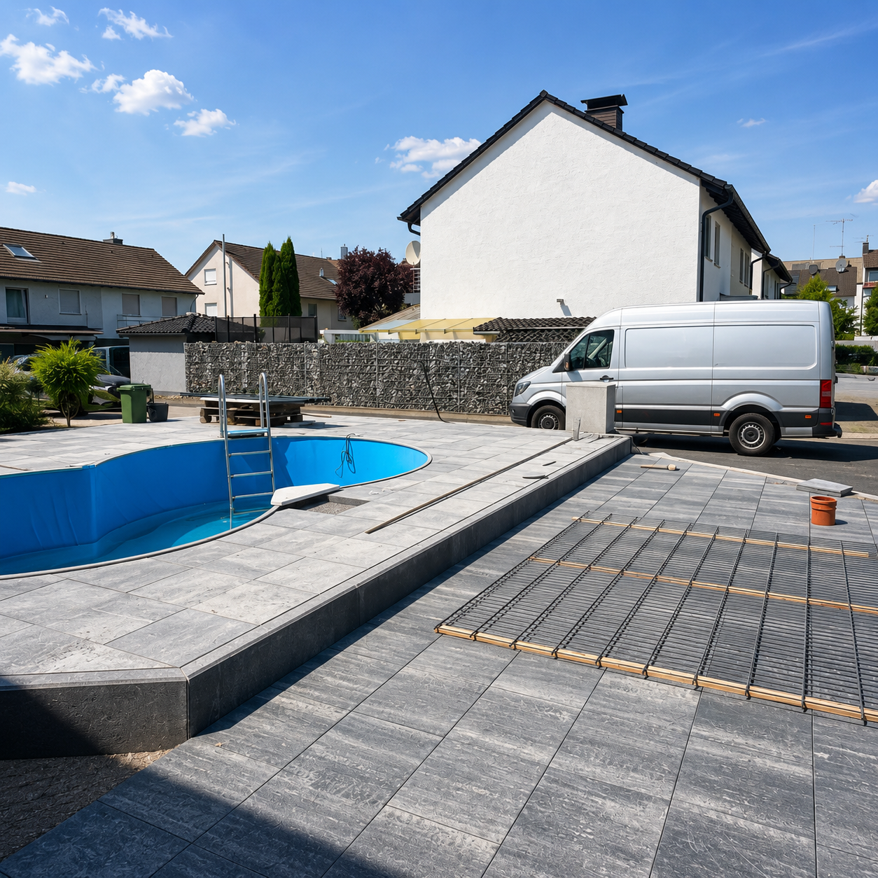 Gepflasterte Außenfläche rund um ein Poolbecken