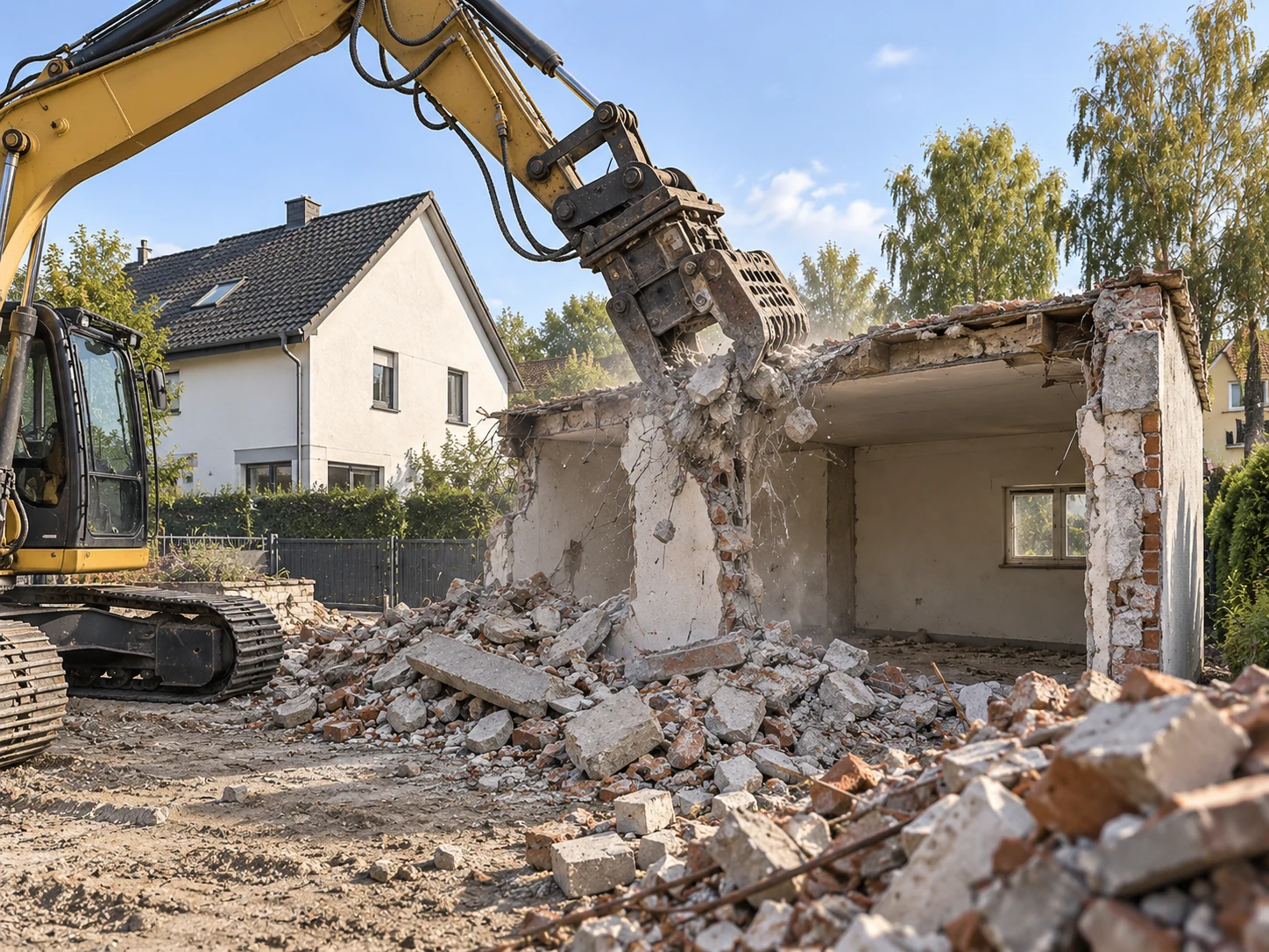 Abbrucharbeiten an einem Gebäude mit Bagger und Abbruchmaterial