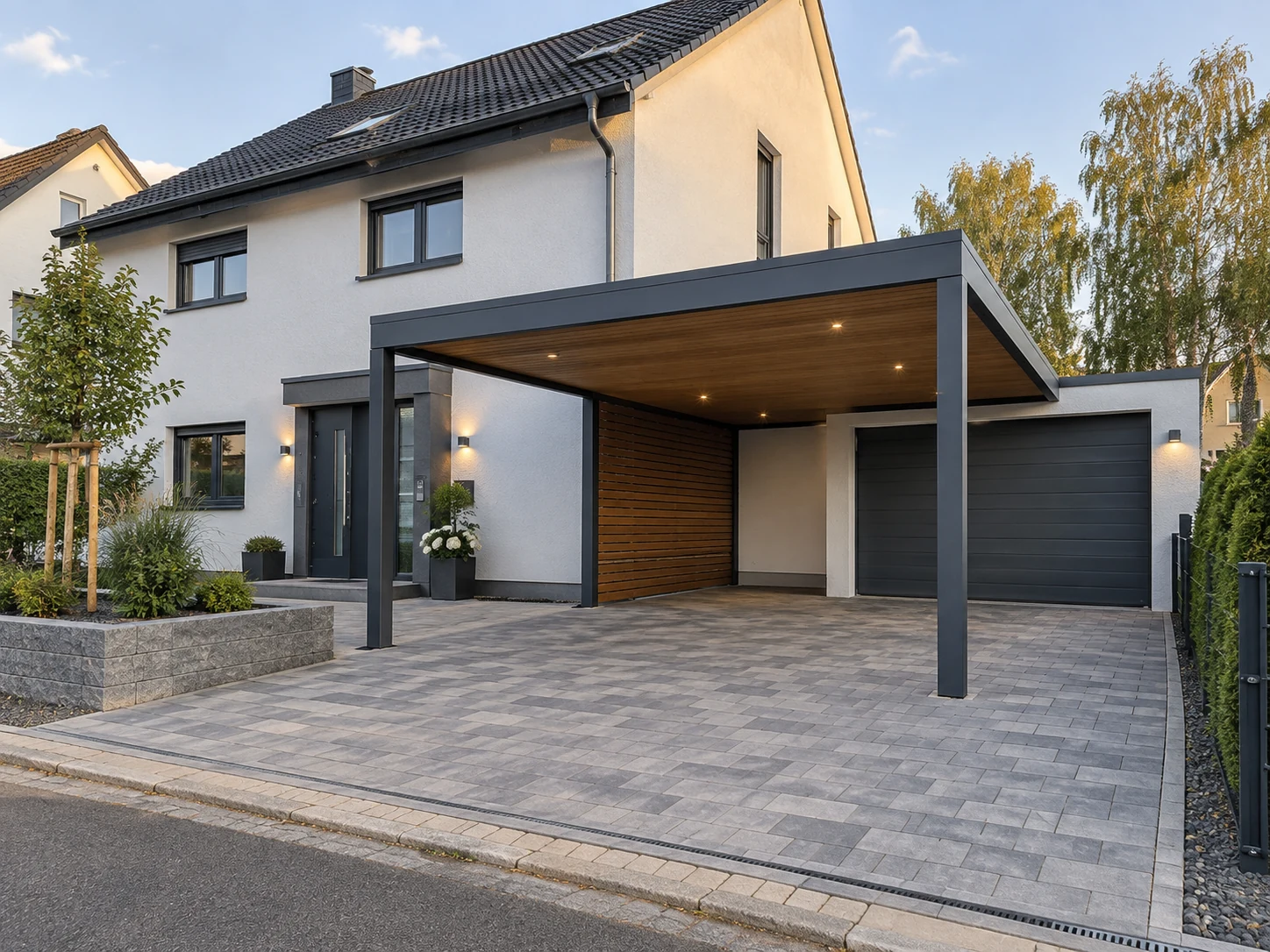 Neu errichteter Carport neben einem Wohnhaus mit befestigter Zufahrt