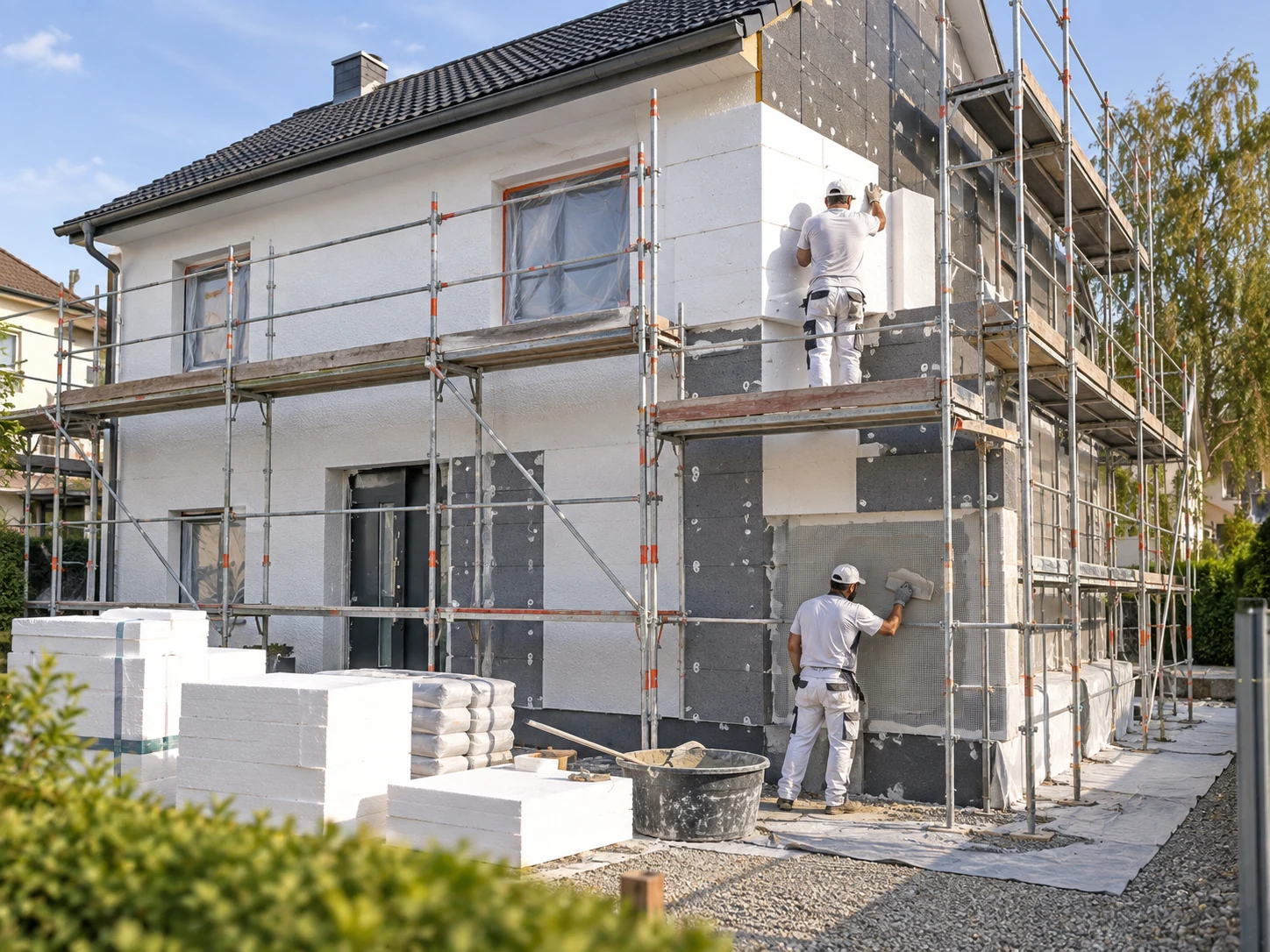 Eingerüstetes Wohnhaus während der Fassaden- und Wärmedämmarbeiten