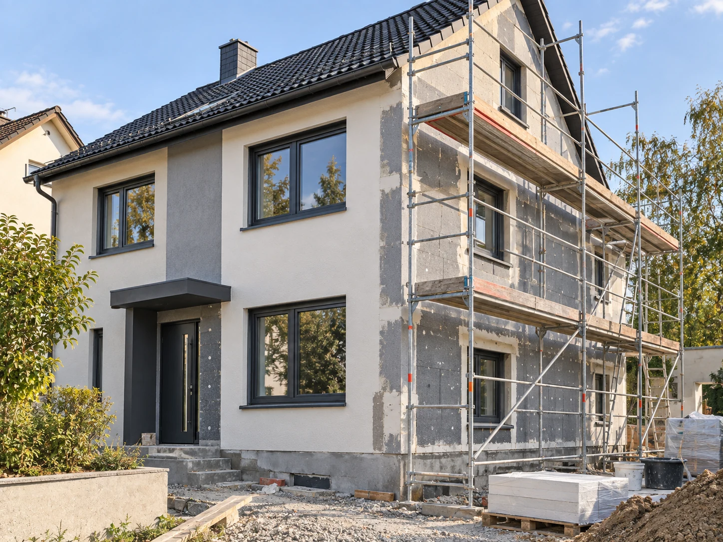 Sanierungsarbeiten an einem Bestandsgebäude mit freigelegtem Mauerwerk