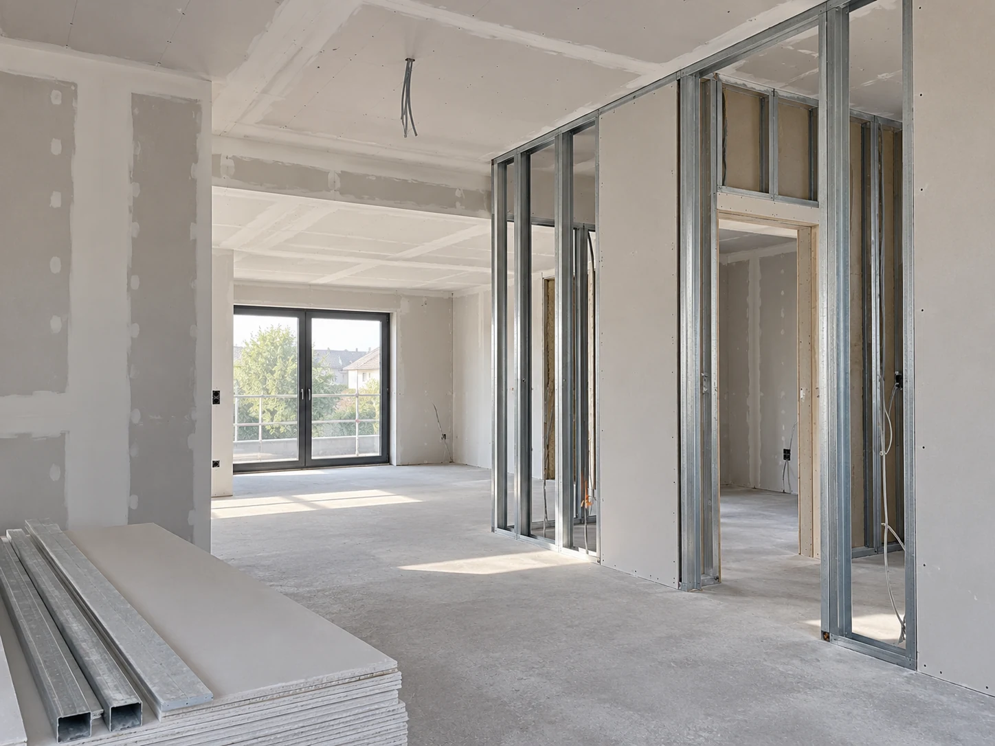 Trockenbauwände mit Ständerwerk und Gipskartonplatten im Innenausbau