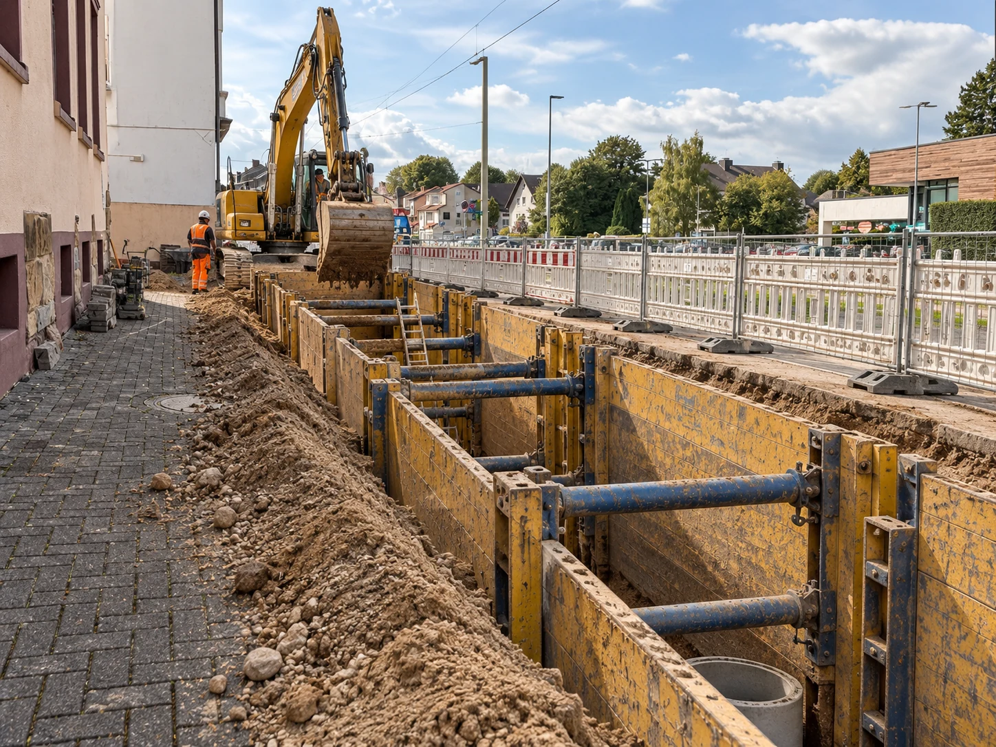 Gesicherte Baugrube mit abgestützten Wänden auf einer Baustelle